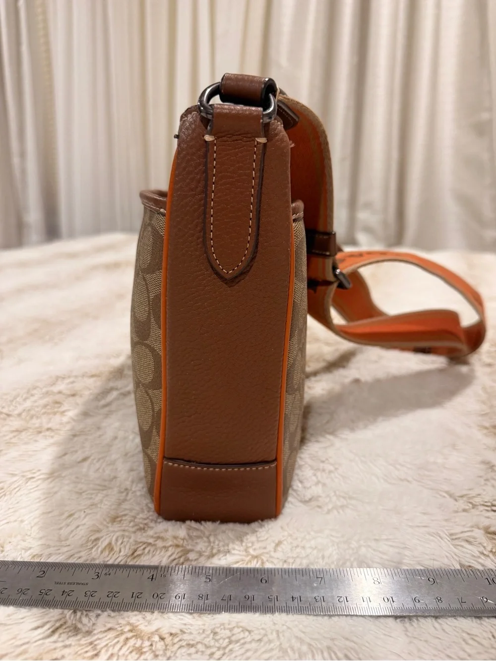 COACH Signature Jacquard Crossbody Bag Brown Tan Orange Logo Strap
